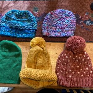 5 winter hats. Lauren Conrad.2 homemade.Mustard yellow,pink w/ ❤️,mermaid,green